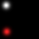 Animated. A white ball steers toward a red one and then stays with it as it bounces around the box.