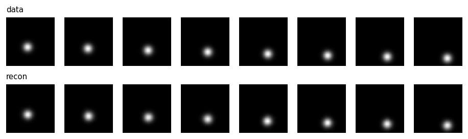 Top row: eight data frames. Bottom row: eight reconstructions from the beta 0.1 model, visually almost identical to the data.