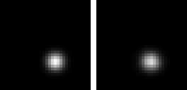 Animated, side by side. Left, a real episode of a white ball bouncing inside a dark box. Right, the same episode reconstructed frame by frame by the VAE, tracking it closely throughout.